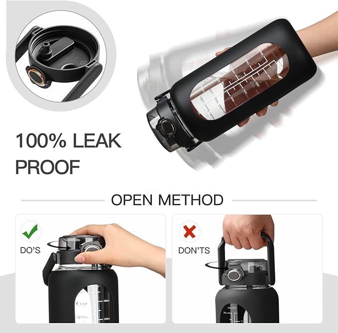 64oz Glass Water Bolttles with Straw Half Gallon Large Motivational Water Bottle with Time Marker Sports Water Bottles with Silicone Sleeve and Handle Lid Water Jug for Gym Workout