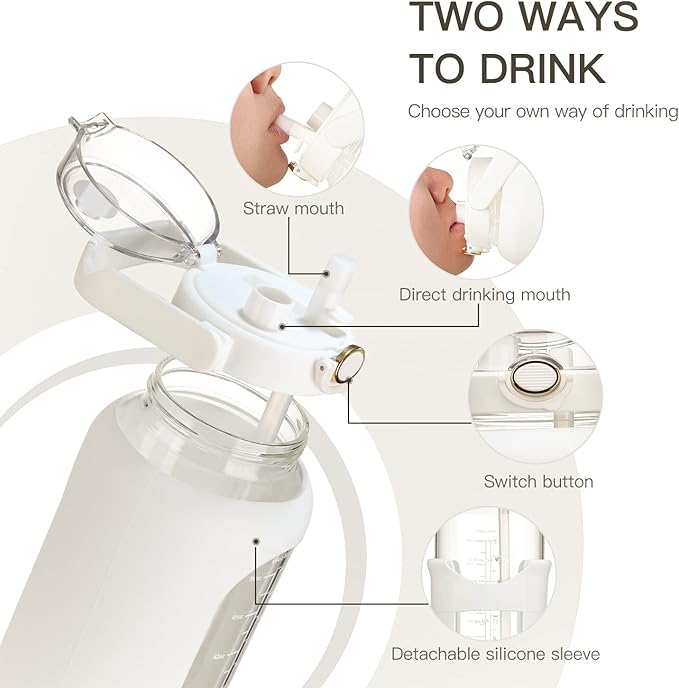 42oz/52oz/64oz Glass Water Bolttles with Straw Half Gallon Large Motivational Water Bottle with Time Marker Sports Water Bottles with Silicone Sleeve and Handle Lid Water Jug for Gym Workout