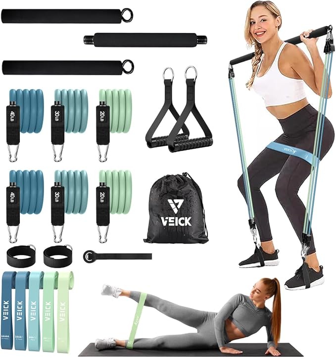 VEICK Pilates Bar Kit with Resistance Bands, Elastic Workout Bands for Men and Women, Set of 5 Resistance Loop Bands for Home Fitness, Stretching, Strength Training, Physical Therap