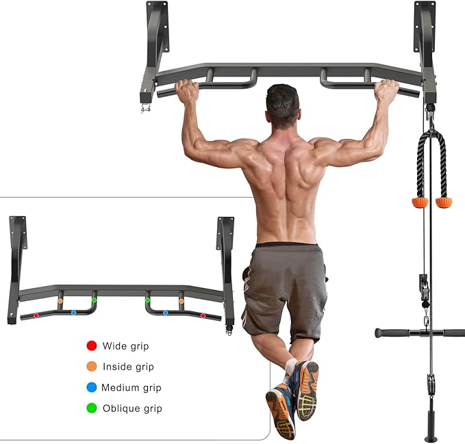 Kipika 48" Wall Mounted Multifunction Cable Pulley System Gym, 48" Wall Mounted Pull Up Bar, Cable Machine LAT Pulldown Attachments, DIY Home Gym Pulley Cable Machine Attachment System, Punching Bag Hanger