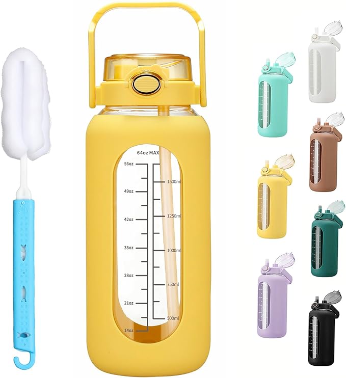64oz Glass Water Bolttles with Straw Half Gallon Large Motivational Water Bottle with Time Marker Sports Water Bottles with Silicone Sleeve and Handle Lid Water Jug for Gym Workout