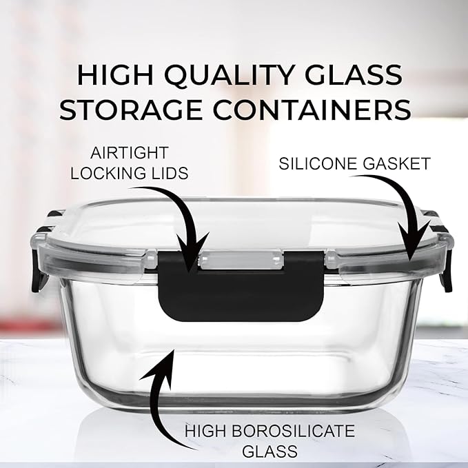 Razab 2 PC 1200ML / 42 Oz Glass Food Storage Containers with Lids - Airtight & Leakproof - Microwave/Oven/Freezer Safe - BPA Free - Ideal for Meal Prep, Storing Leftover & Lunch