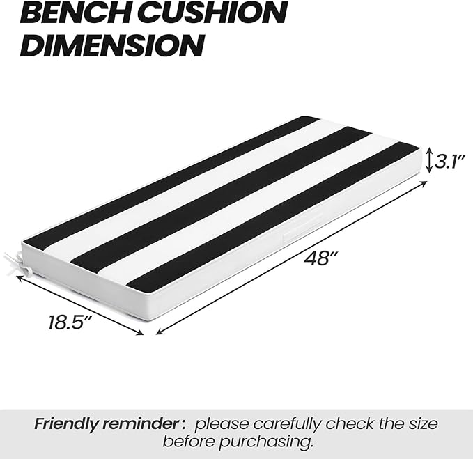 Crestlive Products Outdoor Bench Cushion 48 x 18 Inch, Waterproof Patio Bench Cushions for Outdoor Furniture, Porch Swing Replacement Pad with 30D Foam, Adjustable Straps, Black White Stripe
