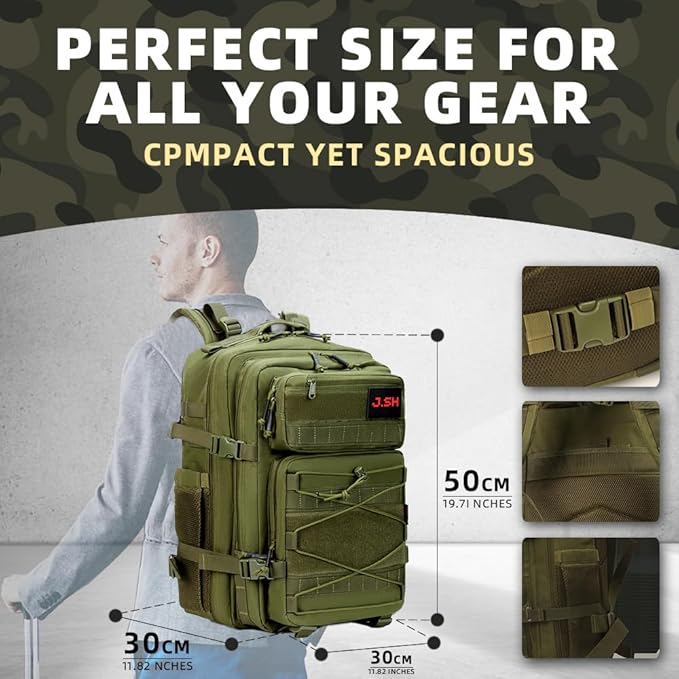 J.SH 45L Large Capacity 3-Day Tactical Backpack, Waterproof & Tear-Resistant, MOLLE System, Adjustable Straps (chest strap and waist strap), Hiking Backpack for Men & Women - Green