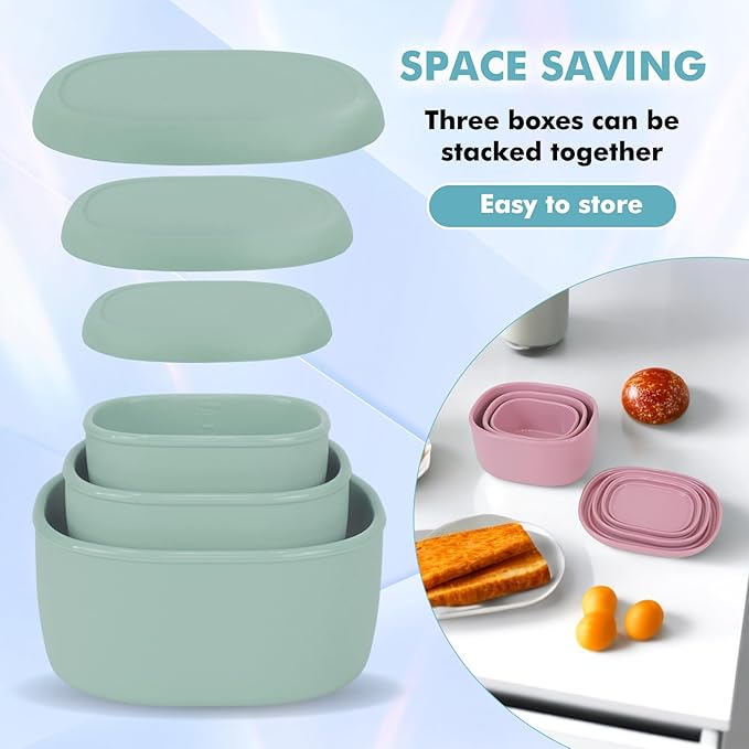 Anatole Silicone Food Storage Containers Set of 3 Lunch Box Bento with Lids BPA Free Dishwasher Microwave Oven Freezer Safe (6.7oz, 10oz, 20oz)