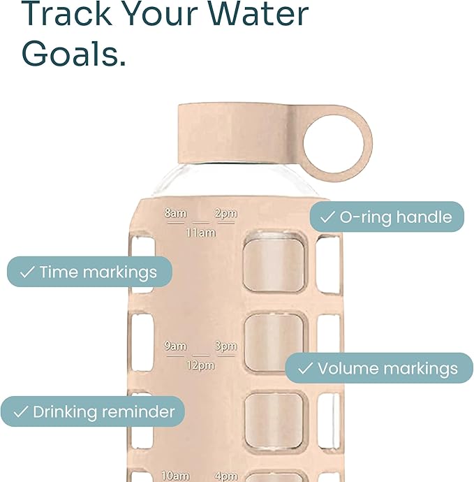 purifyou 40oz / 32oz / 22oz / 12oz Borosilicate Glass Water Bottle with Time & Volume Markers, Silicone Sleeve, Stainless Steel Lid | Reusable Glass Bottle for Water & Juice (22oz Hazelnut)