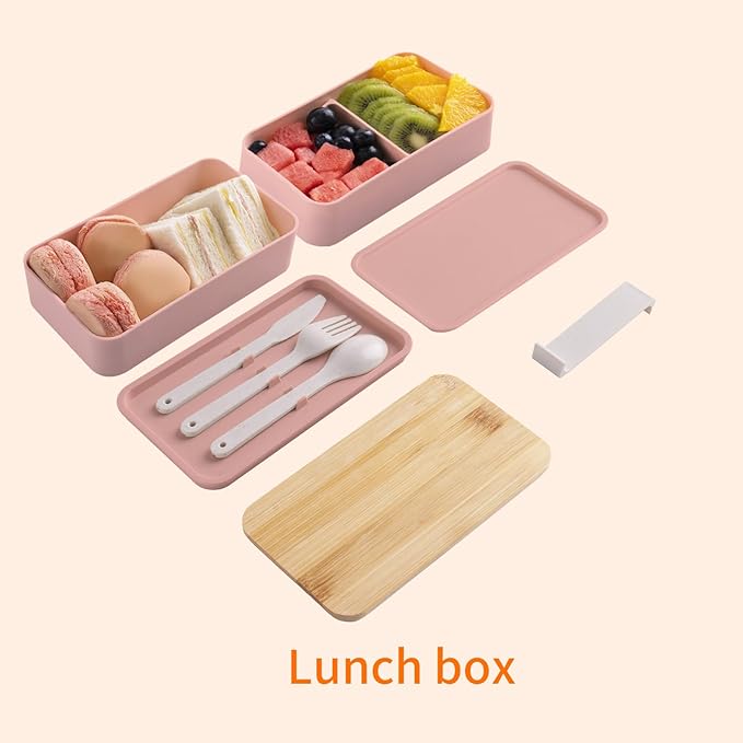 Bento Box Adult Lunch Box with Dividers, Pink, Plastic