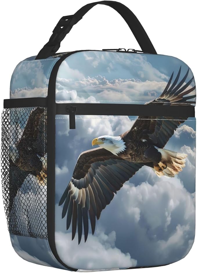 Eagle Polyester Lunch Box for Kids Teen,Soaring Bird Reusable Thermal Lunch Bag for Adult Women,Cool Insulated Tote Cooler Bags for School, Work, Picnic,Travel,Realistic Sky Design