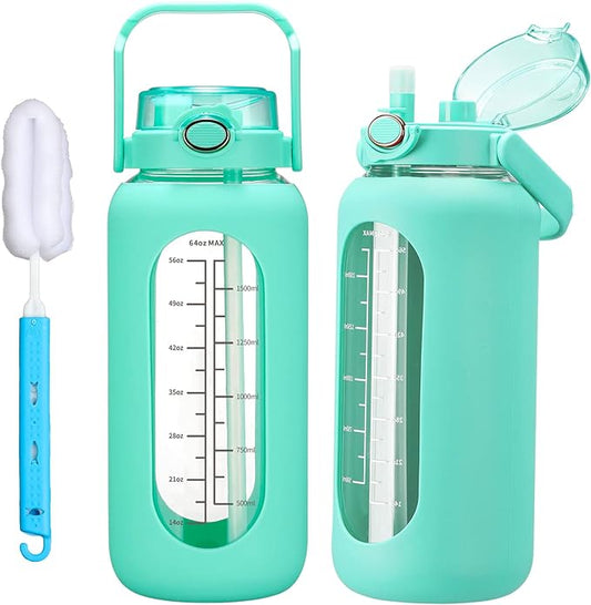 42oz/52oz/64oz Glass Water Bolttles with Straw Half Gallon Large Motivational Water Bottle with Time Marker Sports Water Bottles with Silicone Sleeve and Handle Lid Water Jug for Gym Workout