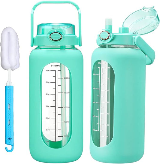 42oz/52oz/64oz Glass Water Bolttles with Straw Half Gallon Large Motivational Water Bottle with Time Marker Sports Water Bottles with Silicone Sleeve and Handle Lid Water Jug for Gym Workout