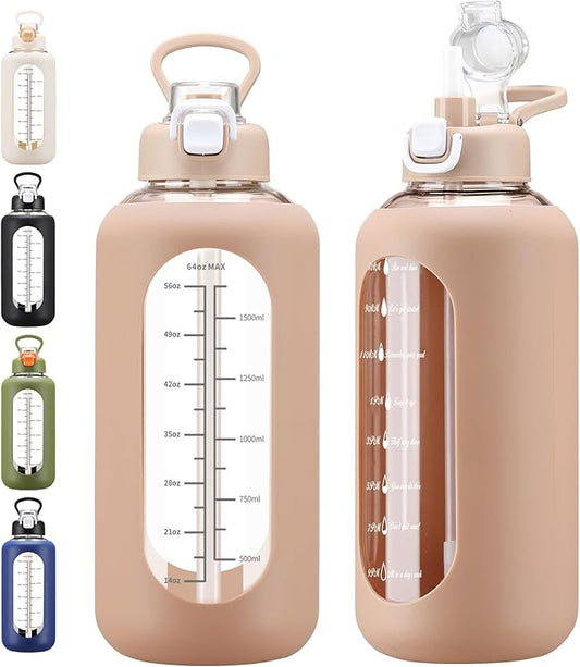 64 oz Glass Water Bolttles with Straw Half Gallon Large Motivational Water Bottle with Time Marker Sports Water Bottles with Silicone Sleeve and Handle Lid Water Jug for Gym Workout