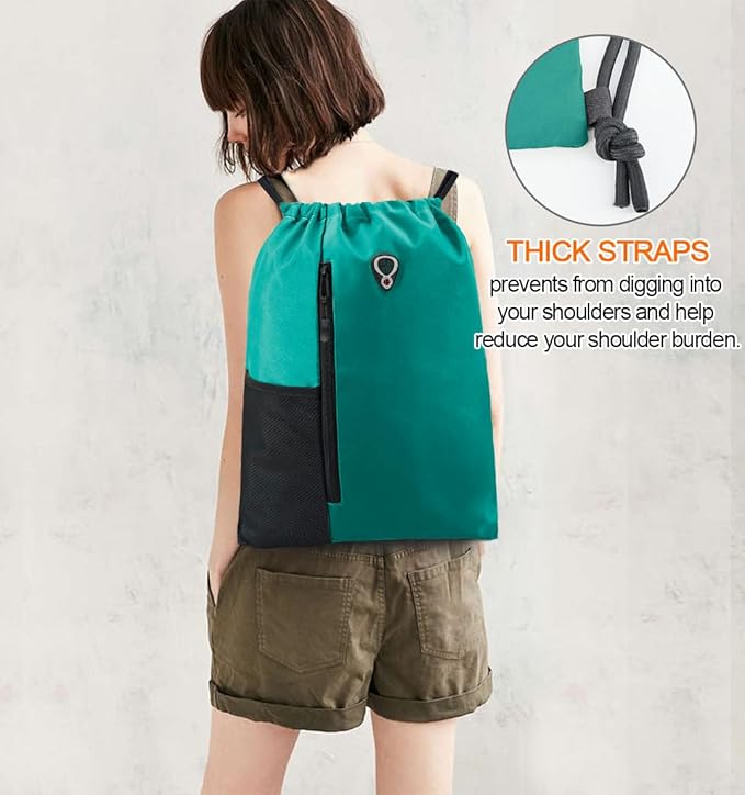 BeeGreen Marrs Green Drawstring Backpack Gym Bag For Men & Women – Sports Sackpack with Mesh Water Bottle Holder & 2 Zippered Pockets – Large 16x20 Inch Cinch String Backpack