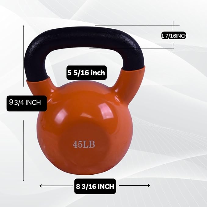 BESEA Orange Vinyl Coated Kettlebell 20~45LBS, Wide Grip Handle, Stable Flat Base, Strength Training, Durable kettle bells