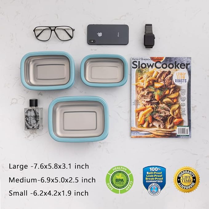 Lille Home Leak Proof Steel Food Containers - Snack Stainless Steel Containers - Ideal for Educational Settings & Daycare - Nesting Trio with Silicone Lids - 47oz+30oz+16oz - Dark Blue