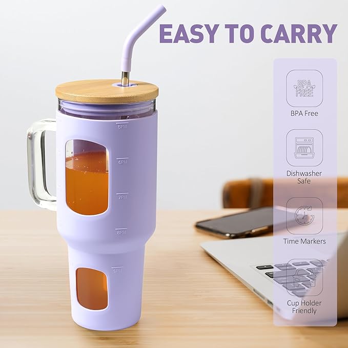 Glass Tumbler with Straw and Lid, 40 oz glass cup with handle, Glass Water Bottles with Time Marker, Silicone Protective Sleeve-Purple