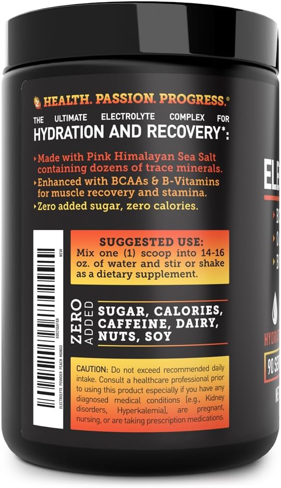 Enhanced Electrolyte Powder (Peach Mango | 90ct.) w/ 0 Sugar +BCAAs +B-Vitamins Electrolyte Supplement w Potassium Zinc & Magnesium for Hydration - Keto Electrolytes