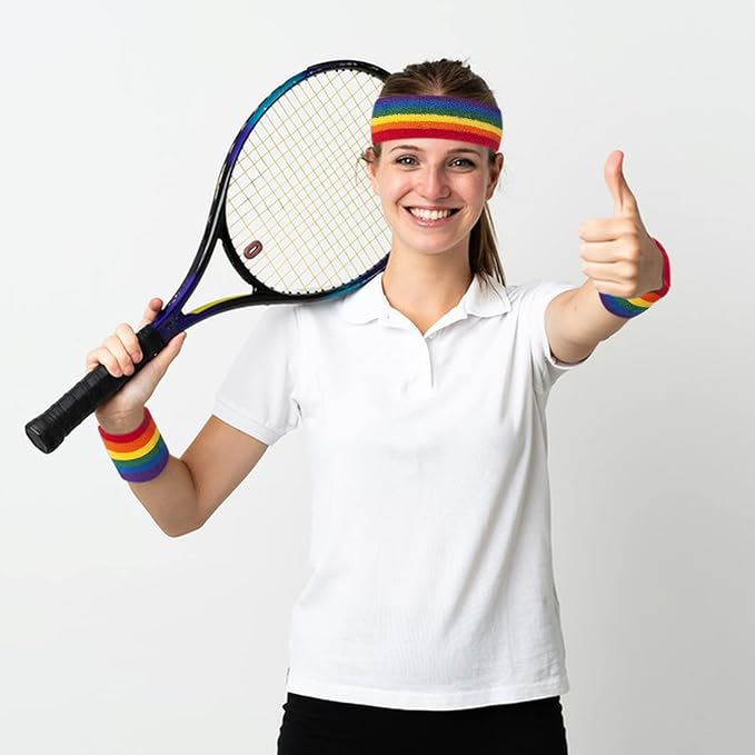 ONUPGO 5 Pieces Sweatbands Striped Socks Set Sports Headband Wristbands High Tube Socks 80s Accessories Costumes