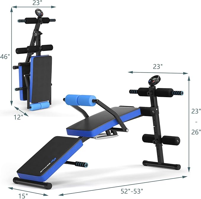 Goplus 6 in 1 Adjustable Sit Up Bench, Foldable Utility Weight Bench w/LCD Monitor, Flat/Incline/Decline Exercise Multi-Purpose Bench for Home, Gym and Office