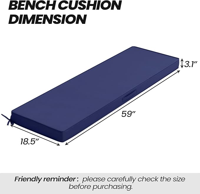 Crestlive Outdoor Bench Cushion 59 x 18 Inch, Waterproof Patio Furniture Cushions, Fade-Resistant Porch Swing Replacement Pad, Adjustable Straps and Handle, Navy