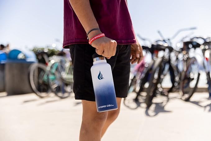 HYDRO CELL Stainless Steel Water Bottle with Straw & 2 Standard Mouth Lids (32oz 24oz 20oz 16oz) Keeps Liquids Hot or Cold w/Double Wall Vacuum Insulated Leak Proof Sport Design (Navy/White 20oz)