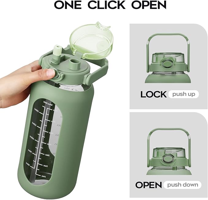 74 oz Glass Water Bolttles with Straw Large Motivational Water Bottle with Time Marker Sports Water Bottles with Silicone Sleeve and Handle Lid 2.2L Water Jug for Gym Workout