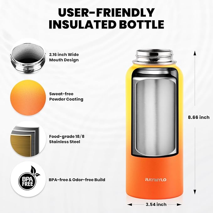 Insulated Water Bottle 32 oz, Triple Wall Vacuum Stainless Steel (Cold for 48 Hrs), Leak Proof & Non-BPA, Modern Water Flask Jug with Paracord Handle & Straw Spout Lids, Ombre Orange