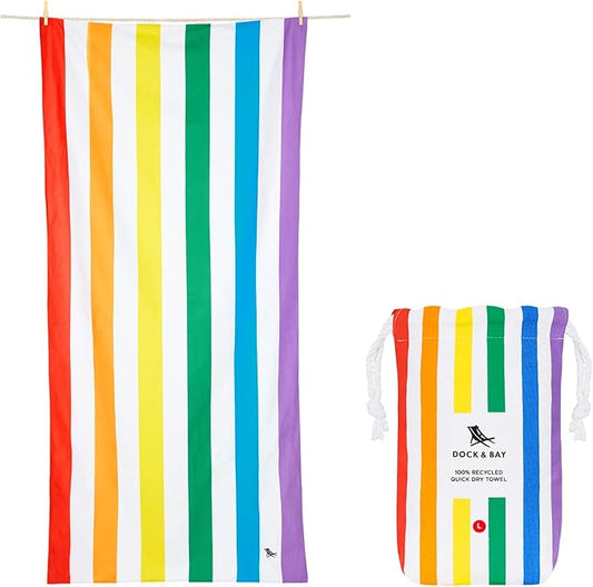 Dock & Bay Beach Towel - Quick Dry, Sand Free - Compact, Lightweight - 100% Recycled - Includes Bag - Summer - Rainbow Skies - Large (160x90cm, 63x35)