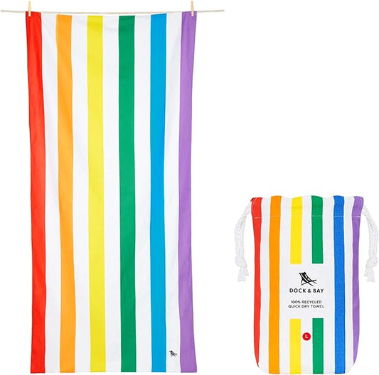 Dock & Bay Beach Towel - Quick Dry, Sand Free - Compact, Lightweight - 100% Recycled - Includes Bag - Summer - Rainbow Skies - Extra Large (200x90cm, 78x35)