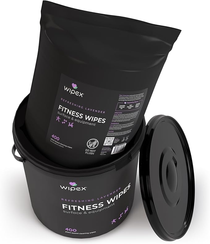 Wipex Gym Wipes for Equipment Bundle – 1600 Count with (2) Lavender Buckets & (2) Refill Rolls - Plant-Based Fitness Equipment Wipes, Clean Surfaces & Mats, Safe Gym Cleaner, 1600 Ct (Pack of 4)