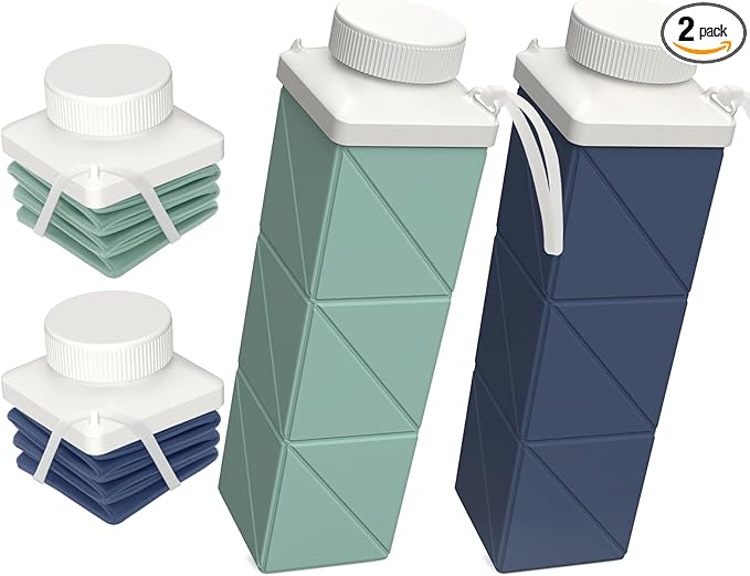 Collapsible Water Bottles 720ml 24.3oz, Foldable Portable Water Bottle, Lightweight Reusable Leakproof for Travel Camping Hiking Cycling Sports Outdoor School, 2 Pack, Green+Dark Blue