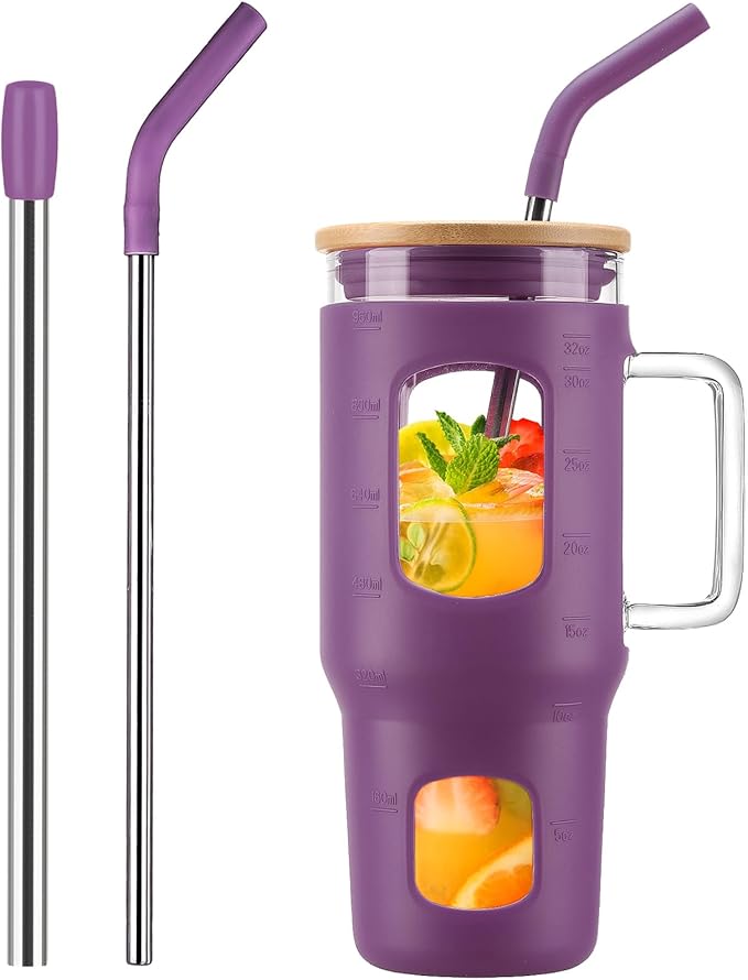 Glass Tumbler with Straw & Lid, 32 oz Glass Cup with Handle, Water Bottles with Time Marker - 2 Straws & Silicone Protective Sleeve Dark Purple