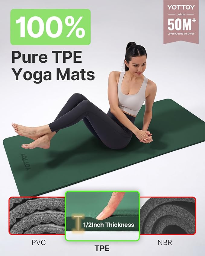 YOTTOY Yoga Mat，Extra Thick Yoga Mat (1/2inch),Professional TPE Exercise Mat,Non-Slip Workout Mat for Yoga, Pilates, Fitness, Barefoot Workouts, Home Gym Studio with Strap