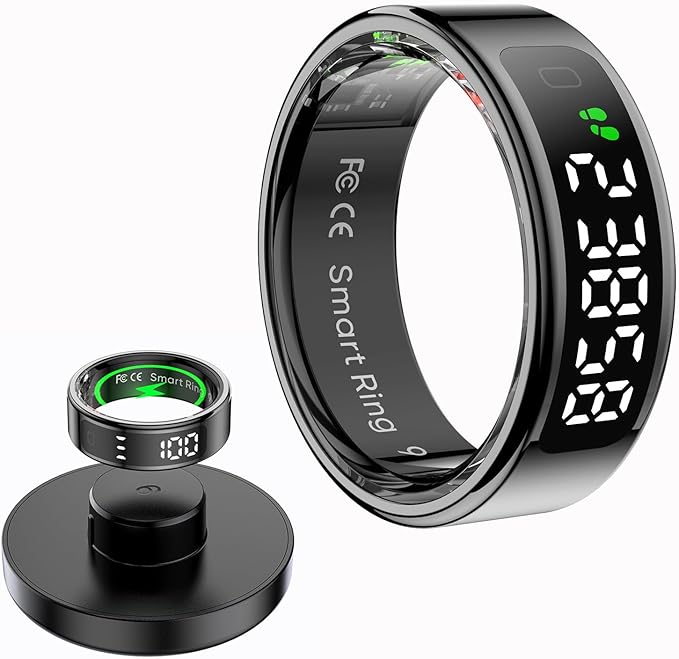 Loluka Smart Ring Touch Control Fitness Tracker Fitness Ring Step Tracker Heart Rate Monitor Health Tracker Screen Display Prayer Count No Subscription Fee for Android iOS