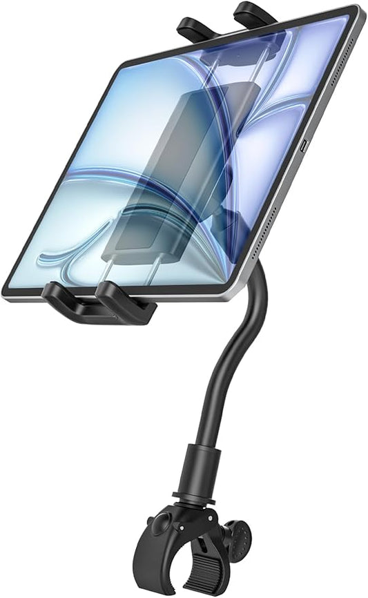 Gooseneck Tablet Holder for Spin Bike, Stationary Bicycle, Wheelchair, Treadmill, Indoor Bike, Peloton, Elliptical, Tablet Mount Clamp for iPad Pro, Air, Mini, Galaxy Tabs, 4.7-12.9" Tablets