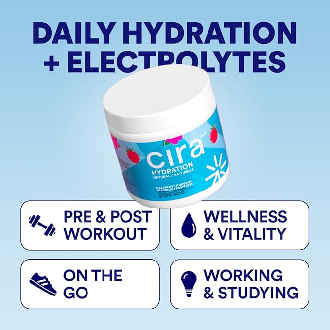 Cira Hydration Powder (45 Servings) - Natural Electrolyte Powder & Drink Mix, Naturally Flavored & Sweetened with Stevia & Himalayan Salt - Raspberry Hibiscus