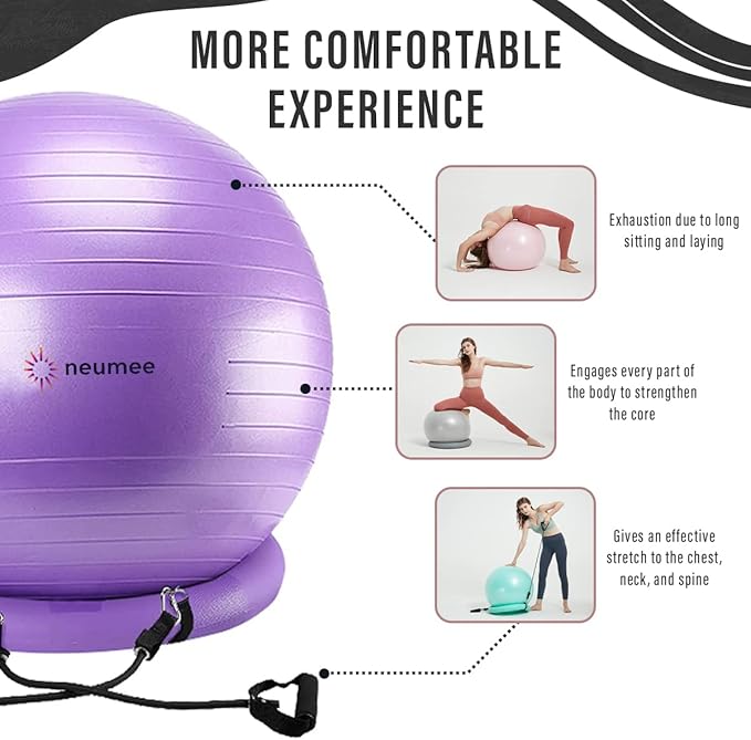 Exercise Ball Chair with Resistance Bands, Yoga Ball Office Chair with Stability Base for Home Gym, Workout Ball for Fitness, Large Size 65 cm