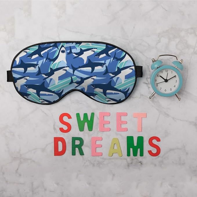 Blue Sharks Sleep Mask Eye Mask Ocean Sea Animal Fish Marine Funny Cute Wildlife Surfboard Sleep Mask Light Blocking Adjustable Smooth Soft for Women Deep Rest Travel