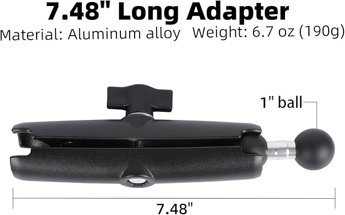 Double Socket Arm with 1" Double Ball Adapter Compatible with RAM B Size Mounts, 360° Rotation Extension Rod for Phone Holder, Tablet Mount, for Bike, Motorcycle, Truck (7.48" Long Adapter)