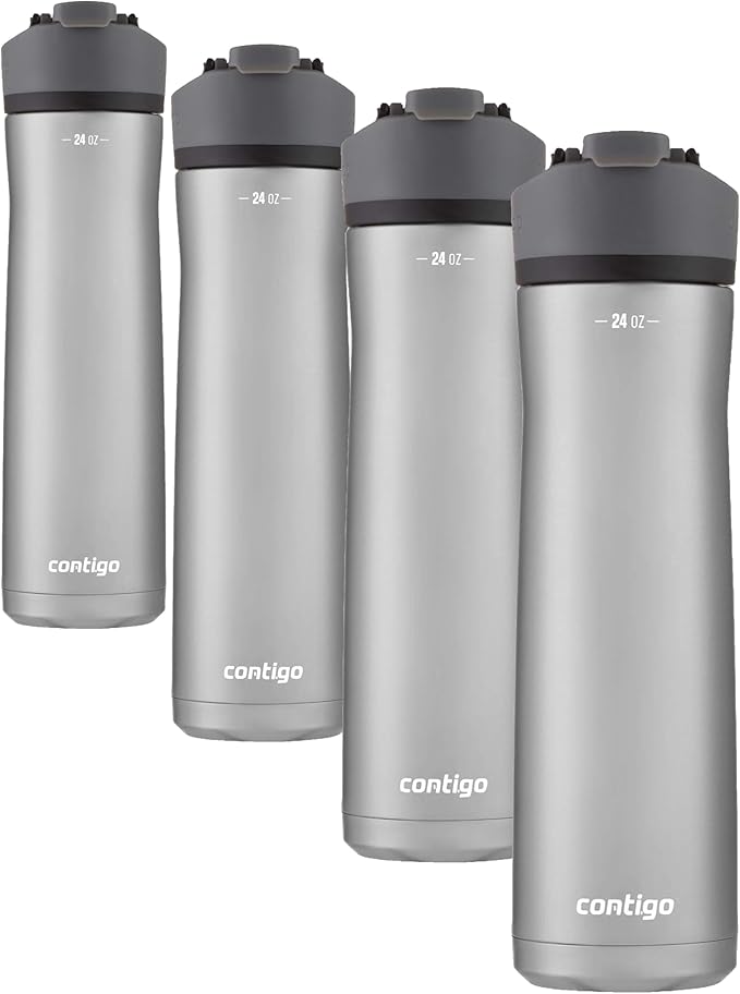 Contigo Water Bottle Vacuum-Insulated Stainless Steel 24oz | AUTOSEAL Technology | Cold 24 Hours | Button Lock | Pack of 4