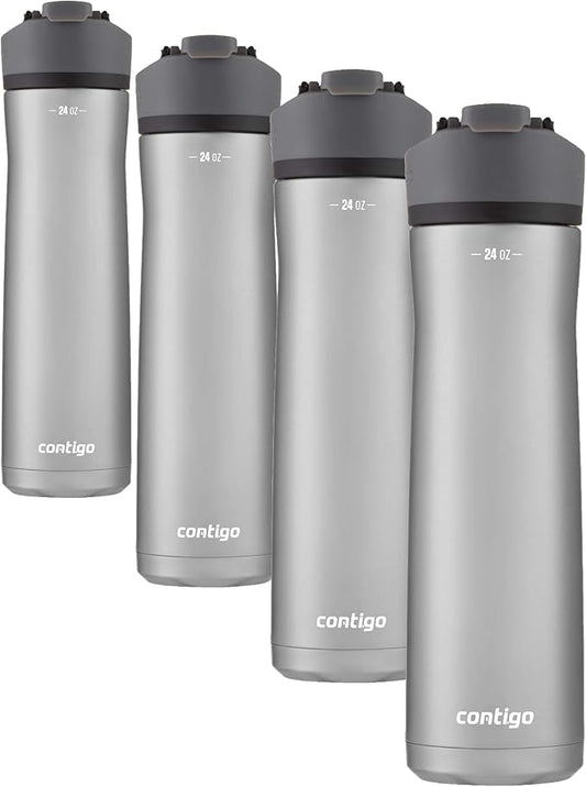 Contigo Water Bottle Vacuum-Insulated Stainless Steel 24oz | AUTOSEAL Technology | Cold 24 Hours | Button Lock | Pack of 4