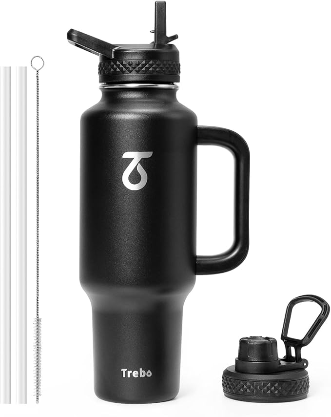 Trebo 40 oz Water Bottle Insulated Fit Car Cup Holder with Handle, Stainless Steel Water Bottles Tumbler with Spout Straw Lids, Double Wall Travel Reusable Flask, Leakproof Mug,Keep Cold &Hot,Black