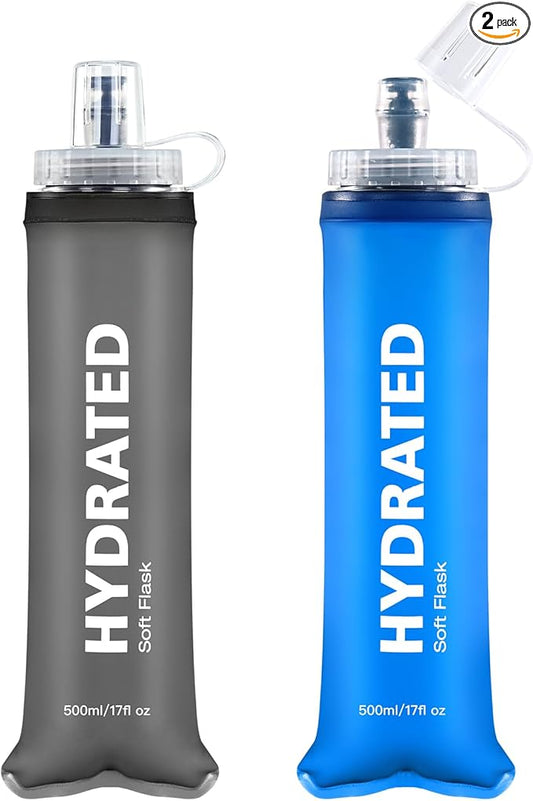 500ml Soft Flask 2Pack, TPU Collapsible Soft Water Bottle, 17oz Foldable TPU Bottles for Hydration Pack BPA-Free, Running Lightweight Water Bottle for Hiking Cycling Climbing Running