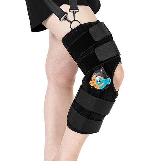 Hinged ROM Knee Braces Adjustable Knee Immobilizer Support for Knee Pain ACL MCL PCL Arthritis Meniscus Tear Post OP Recovery for Men and Women Side Stabilizers Torn Meniscus Orthopedic Orthosis (Upgraded - with Shoulder Strap, Medium)