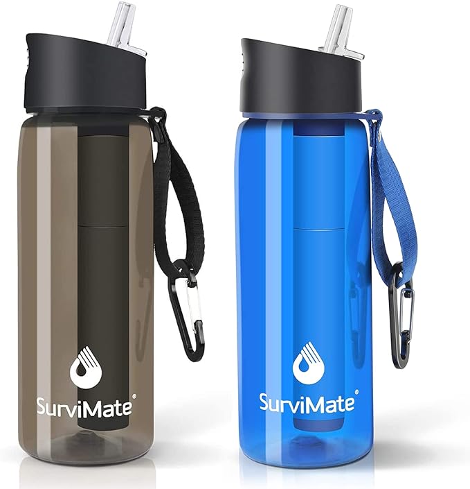 SurviMate Purified Water Bottle for Camping, Hiking, Backpacking and Travel, BPA Free with 5-Stage Intergrated Filter Straw