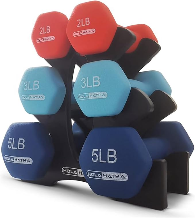 HolaHatha 2, 3, 5, 8, and 10 Pound Neoprene Dumbbell Free Hand Weight Set with Rack, Ideal for Home Exercises to Gain Tone and Definition, Pastel