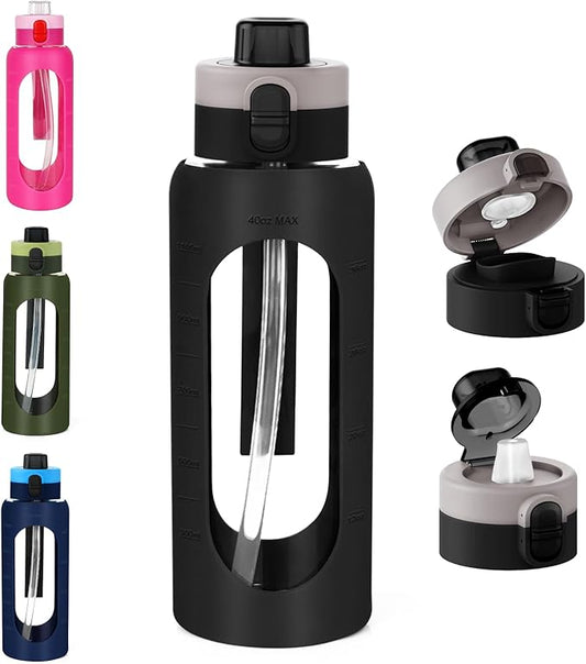 ANOTION 40OZ Glass Water Bottle, Large Sports Water Bottle with Dual-Drink Lid Clear Leakproof Glass Bottles with Straw, Motivational Jug with Silicone Sleeve and Time Marker for Travel Gym-Black