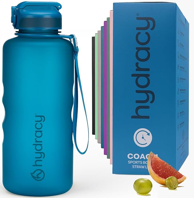 Hydracy Water Bottle with Time Marker -Large BPA Free Water Bottle & No Sweat Sleeve -Leak Proof Gym Bottle with Fruit Infuser Strainer & Times to Drink -Ideal for Fitness Sports & Outdoors