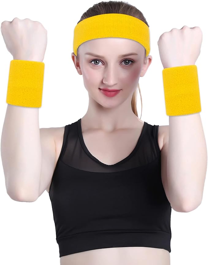 ONUPGO 6 Pieces Sweatbands Set - Sports Headbands Wristbands for Men & Women,Cotton Terry Cloth Sweatband for Tennis,Basketball,Gym,Working Out - Moisture Wicking Elasticity