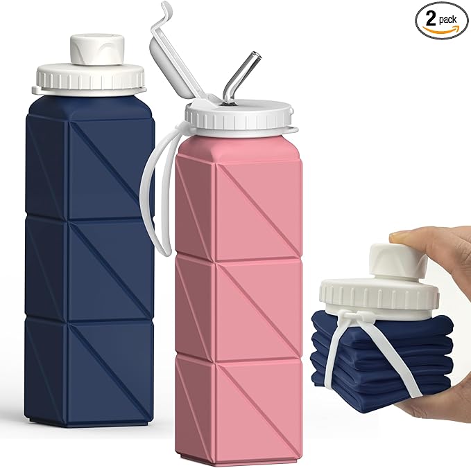 Collapsible Water Bottles 20.6oz 2 Pack, Silicone Foldable Portable Travel Water Bottle, Lightweight Reusable Leakproof for Travel Camping Hiking Cycling Yoga Sports Outdoor (Darkblue+Pink)
