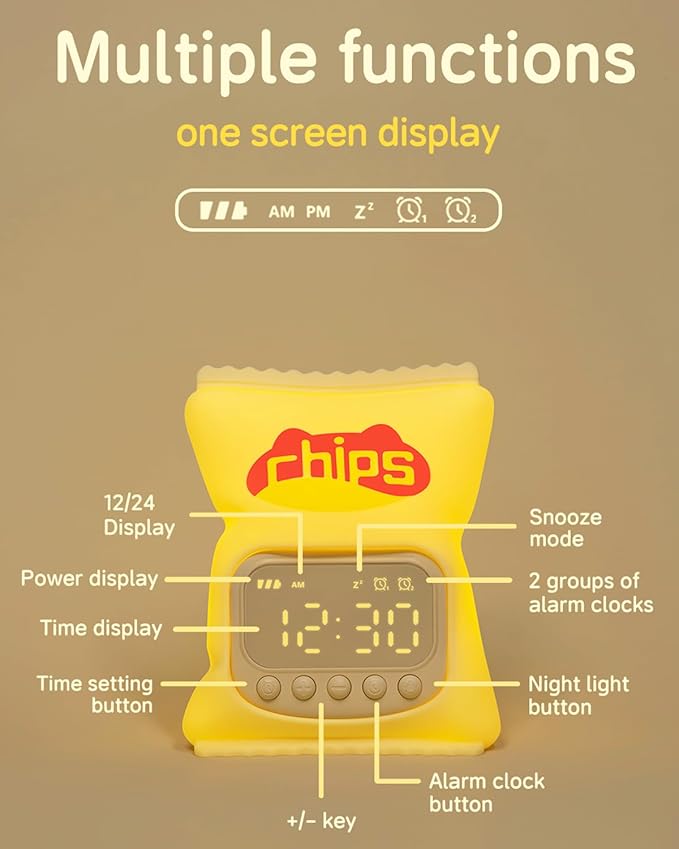 Chips Alarm Clock with Night Light for Kids, Cute Toddler Alarm Clocks for Bedrooms Ok to Wake Clocks for Girls and Boys, Rechargeable Silicone Animal Tabletop Lamp for Kid